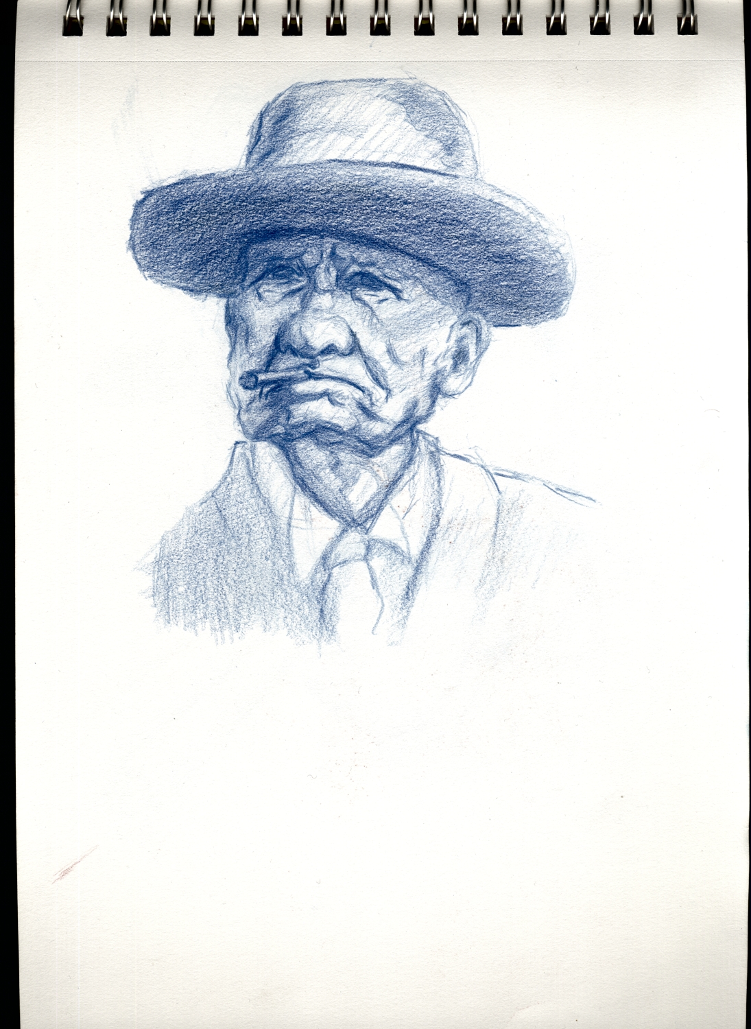 Elderly man withh 1960's style hat and a cigar hanging out of his mouth. Looking a little grumpy with eyes and mouth pointin down. Color pencil drawing with Polychromos Cobalt blue from Faber Castell.