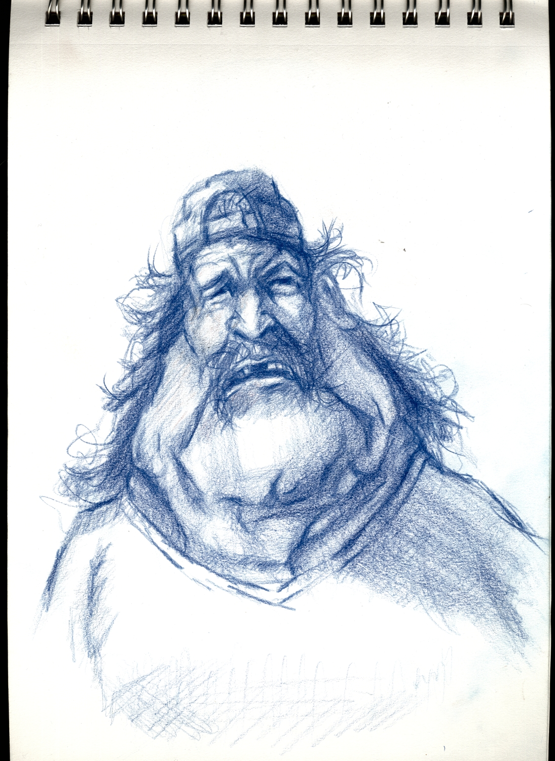 A grubby looking man with long messy, greasy hair, missing foreteeth, fat cheeks, wearing a baseball cap the wrong way around. Just a fun pencildrawing made with polychromos cobalt blue colourpencil by Faber Castell. Not meant to be the perfect picture just a speedy drawing.